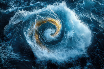Poster - A swirling vortex of ocean water, illuminated by golden light, creating a mesmerizing spectacle of nature's power.