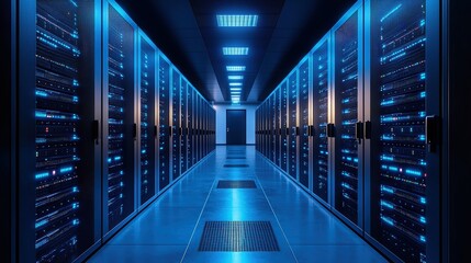 Poster - High-tech server room featuring rows of servers with blinking lights and advanced networking equipment