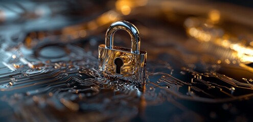 Poster - The concept of cyber security encompasses a digital padlock icon, cyber security technology, network data protection, and a virtual dashboard, all working together to provide authorized online access