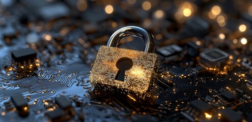 Poster - The digital padlock icon represents cyber security, which encompasses technology networks and data protection on virtual dashboards, safeguarding online internet access from cyber attacks