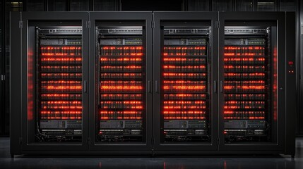 Poster - Close-up view of a server rack filled with multiple servers and network equipment in a data center
