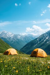 Poster - Scenic Mountain Camp with Vibrant Orange Tents ,holiday summer 2025 Concept