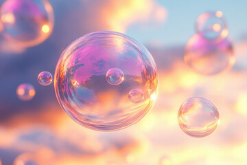 Poster - Floating iridescent bubbles reflecting a vibrant sunset sky.