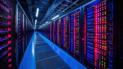 Poster - A high-tech server room filled with rows of high performance servers and advanced networking equipment
