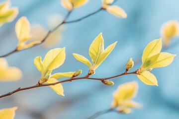 Wall Mural - Pale Yellow-Green Spring Leaves on a Branch