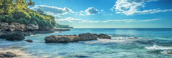 Fototapete - Coastal view with calm waters and rocky shoreline under a bright sky in a tropical setting. Generative AI