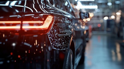 Poster - The concept of the electric vehicle technology industry is represented by a futuristic virtual graphic touch user interface on screen, with an auto repair garage blurred in the background