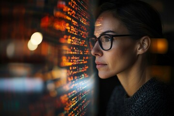 Poster - The image depicts a close-up view of an attractive female with glasses engaged in work using a cutting-edge computer with holographic capabilities, representing future technology and occupation