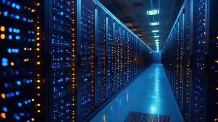 Poster - Long hallway featuring rows of servers providing essential infrastructure for modern computing needs