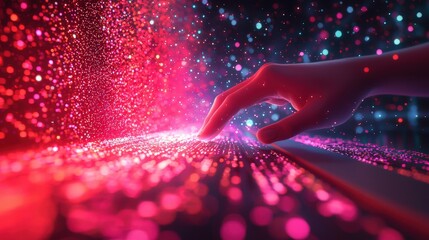 Poster - Close-up image of a person's hand gently touching a soft pink and red light for interaction
