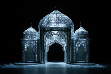 Sticker - An Illuminated Silver Structure Resembling a Palace Entrance Stands Alone