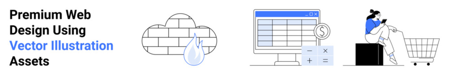Cloud database shielded by a firewall, website coding on a screen with financial analytics, and a person shopping online. Ideal for tech, web development, e-commerce, cloud security, marketing
