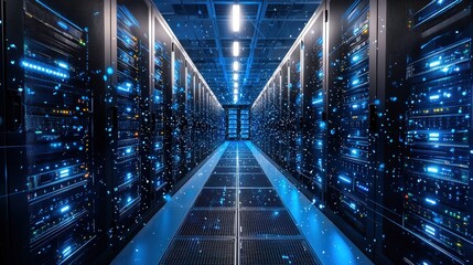Poster - High-tech server room equipped with multiple racks and advanced cooling systems for efficiency
