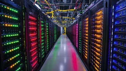 Poster - Modern server room filled with high-tech equipment and bright led lights illuminating the space