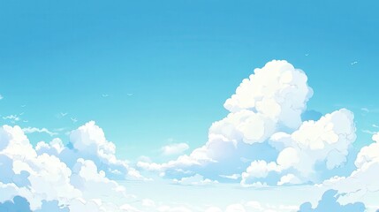 Bright blue sky with fluffy white clouds and gentle sunlight in a serene landscape