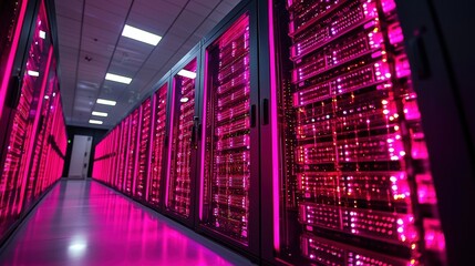 Poster - Modern server room filled with high-tech equipment and blinking lights in a controlled environment