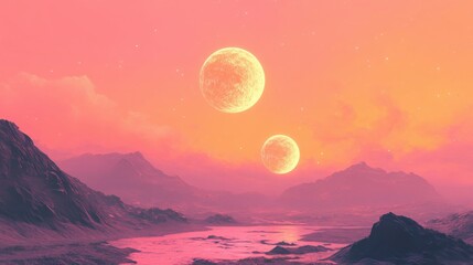 Wall Mural - alien sky with twin moons glowing against a pink and orange nebula