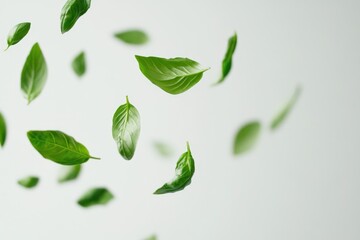 Wall Mural - Fresh basil leaves in air on white background