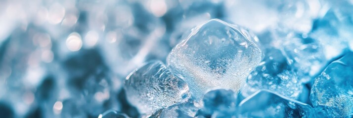 Fototapete - Close up view of clear ice cubes glistening in soft light on a cold surface. Generative AI