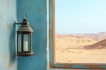 Poster - A weathered lantern hangs beside a window looking to desert views