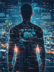 Poster - Human silhouette filled with futuristic data visualizations symbolizes the intersection of technology and humanity in urban landscape. Generative AI