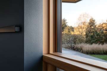 Wall Mural - Wooden window frame displaying water droplets and a serene outdoor view at sunset