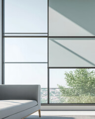 Wall Mural - Modern living room with minimalist decor and large windows overlooking a green landscape