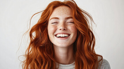 Wall Mural - Cheerful redhead woman with long wavy hair smiling and posing in a bright outdoor setting