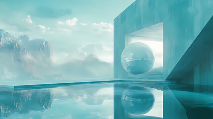 Wall Mural - Surreal architecture with floating sphere and reflective water. Surrealist Floating Architecture. Illustration