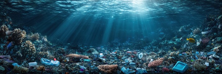Aufkleber - Underwater habitat reveals damaged corals and plastic pollution illuminated by soft rays of light. Generative AI