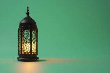 Poster - A Decorative Lantern Stands Illuminated Against a Green Backdrop