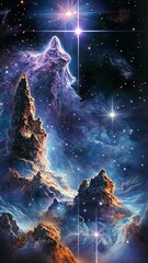 Wall Mural - Colorful cosmic landscape with towering rock formations illuminated by distant stars