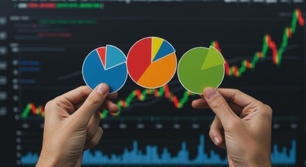 Wall Mural - Analyzing Market Trends: Hands Holding Pie Charts Against Stock Graph