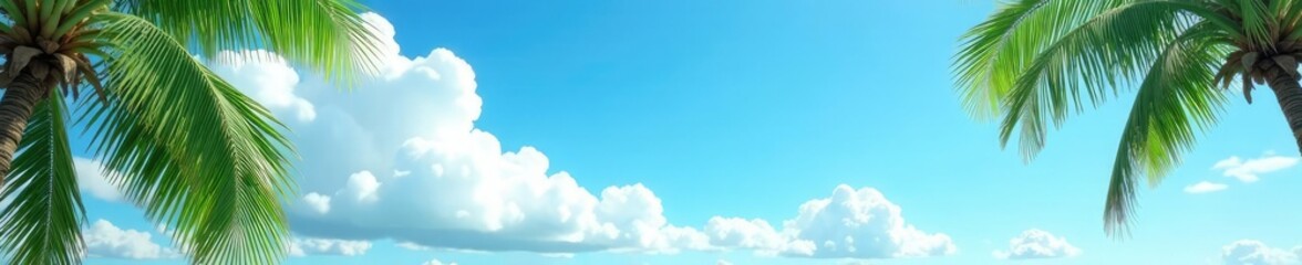 Wall Mural - Fluffy white clouds float gently on a clear bright blue sky with swaying coconut leaves, green leaves, fluffy