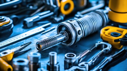 Poster - Hydraulic piston undergoing servicing, with high-precision tools and measuring instruments nearby