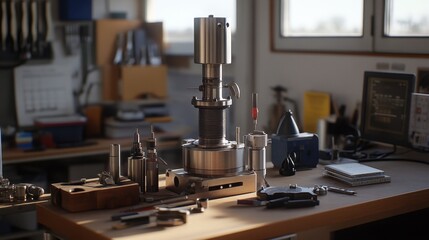 Poster - Hydraulic piston undergoing servicing, with high-precision tools and measuring instruments nearby