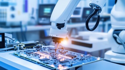 Poster - Precision robotic soldering arms working on a high-density circuit board in a lab
