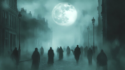 Wall Mural - A ghostly halloween street parade unfolds under a full moon, featuring eerie figures and a haunting atmosphere in a fog-covered, mysterious setting. Ghostly Procession Under the Moon. Illustration
