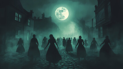 Wall Mural - A ghostly halloween street parade unfolds under a full moon, featuring eerie figures and a haunting atmosphere in a fog-covered, mysterious setting. Ghostly Procession Under the Moon. Illustration