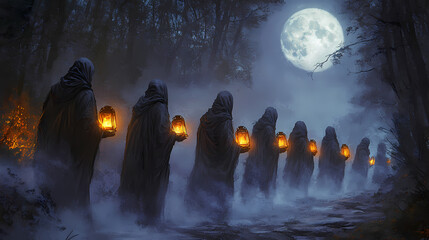 Wall Mural - A procession of hooded figures holding glowing lanterns in a misty forest under a full moon, creating a mystical and eerie atmosphere. Ghostly Procession Under the Moon. Illustration