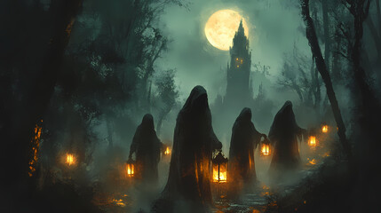 Wall Mural - A procession of hooded figures holding glowing lanterns in a misty forest under a full moon, creating a mystical and eerie atmosphere. Ghostly Procession Under the Moon. Illustration