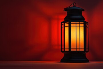 Canvas Print - Illuminated black lantern displayed prominently against a red colored background