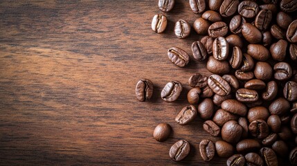 Leinwandbilder - Freshly roasted coffee beans scattered on wooden surface in warm lighting during morning. Generative AI