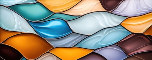 Wall Mural - Colorful stained glass forms a textured background with flowing shapes in hues of blue orange and brown. This design offers ample copy space for overlaying text or graphics