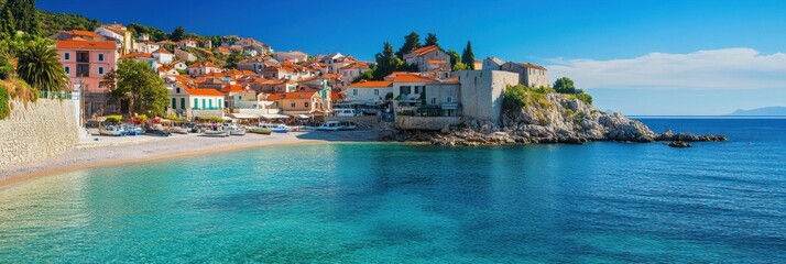 Poster - Beautiful coastal town with colorful buildings and clear waters during a sunny day. Generative AI