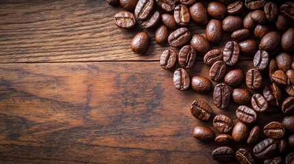 Poster - Coffee beans scattered on a wooden table creating a warm and inviting atmosphere for brewing. Generative AI