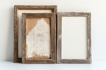 Poster - Three rustic wooden frames leaning against a white wall, showcasing different textures and a blank canvas, ideal for mockups or art presentations.