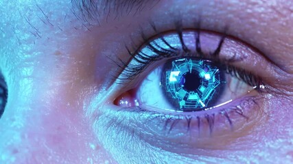 Poster - Digital interface patterns swirl across human iris. Holographic overlay creates biometric scanning effect against organic eye features. Stationary macro lens capture.