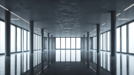 Aufkleber - Modern Huge Concrete Material Empty Hall With Many Columns And Big White Glowing Windows