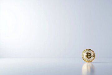 Poster - A lone golden Bitcoin coin stands on a reflective surface, symbolizing modern finance, in a minimalistic and clean studio setup, emphasizing the digital future.